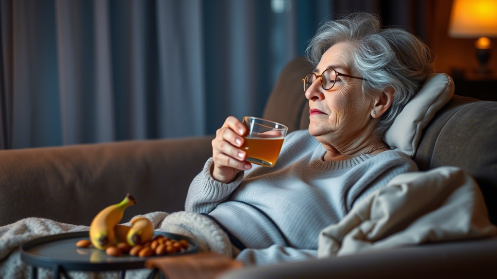 Elderly woman drinking chamomile tea with almonds and banana before sleep.