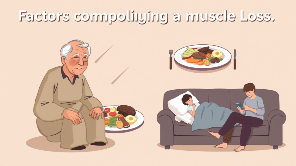Causes of muscle loss including aging, inactivity, poor nutrition, and illness