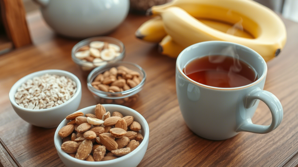 Natural foods like almonds, oats, bananas, and chamomile tea that help you sleep better.