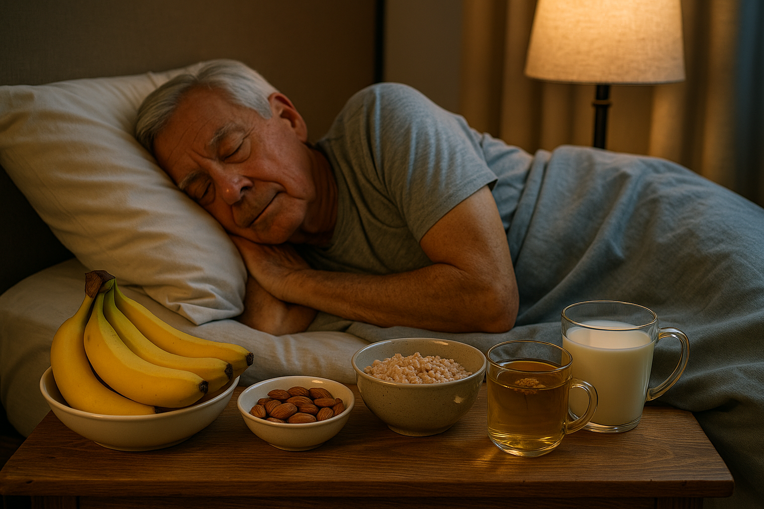 Elderly man sleeping peacefully with foods that help you sleep better like bananas, oats, chamomile tea, warm milk, and almonds.