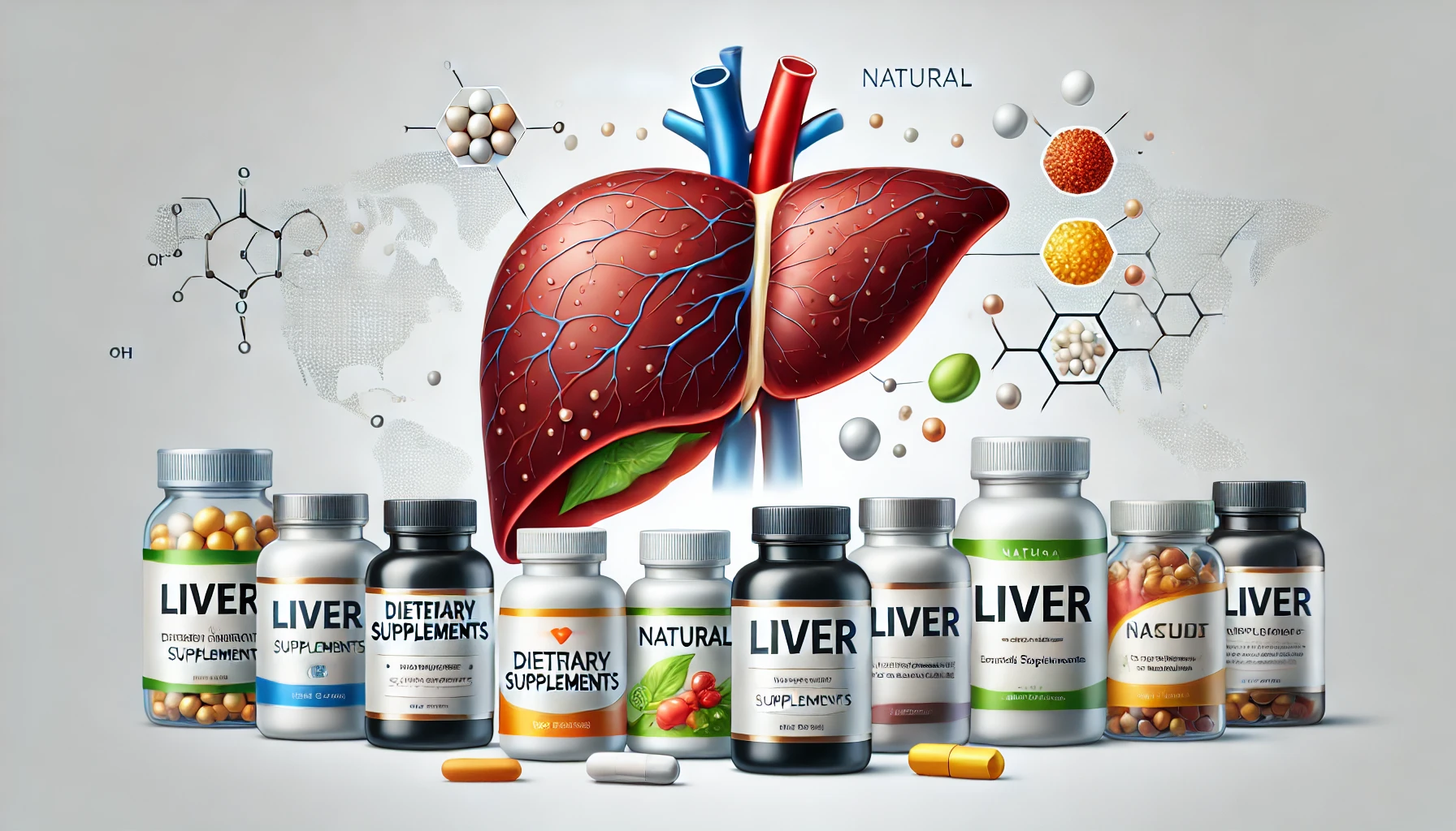 Dangerous supplements harming liver health – with an inflamed liver and supplement bottles.