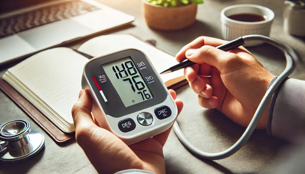 Blood pressure reading at home using a digital monitor.