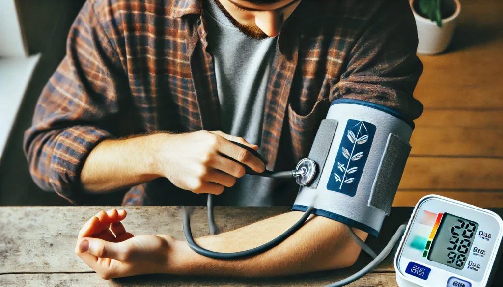 Correct way to position a blood pressure cuff at home.