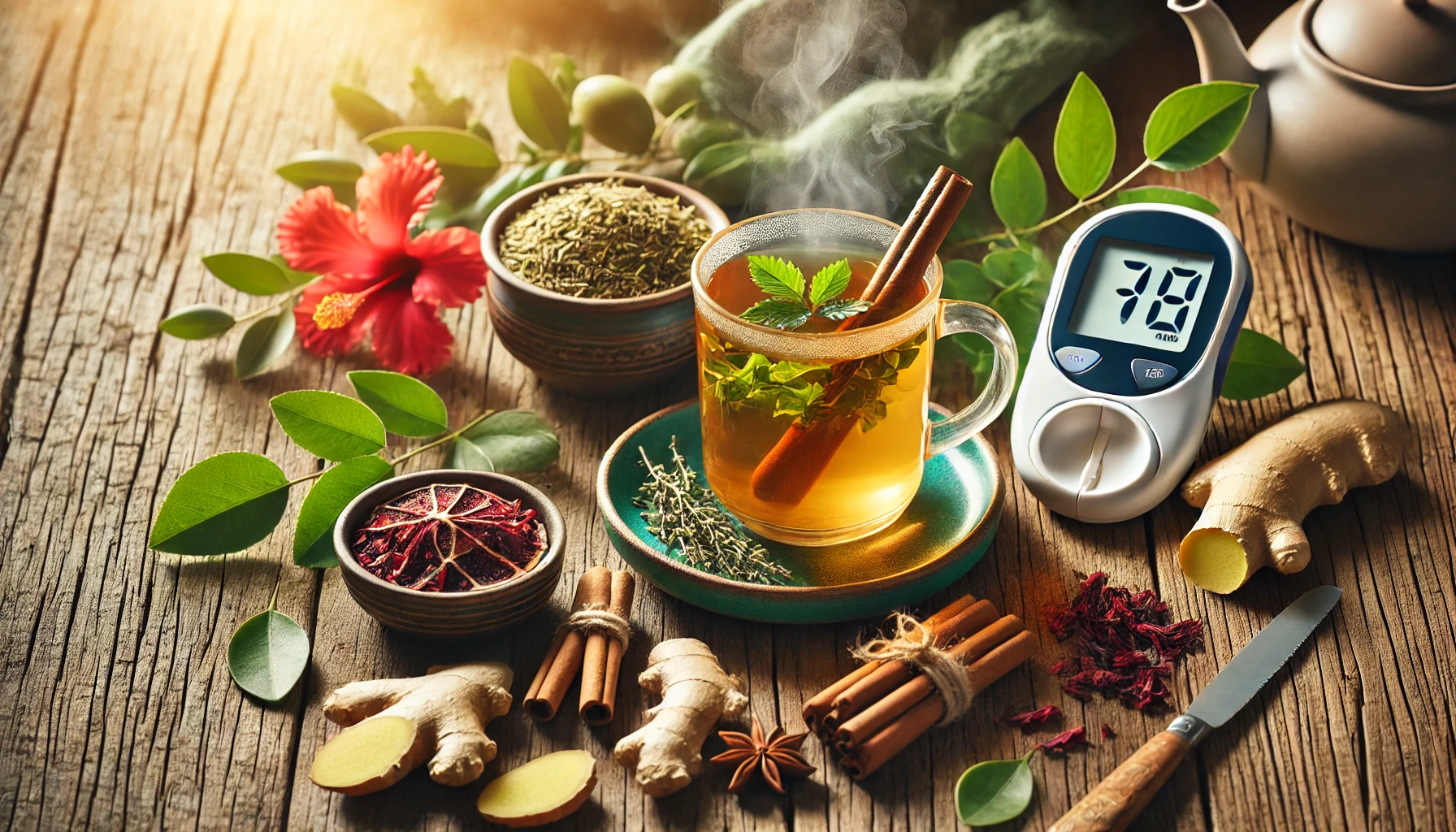Herbal teas to lower blood sugar with cinnamon, ginger, hibiscus, and a glucose meter.