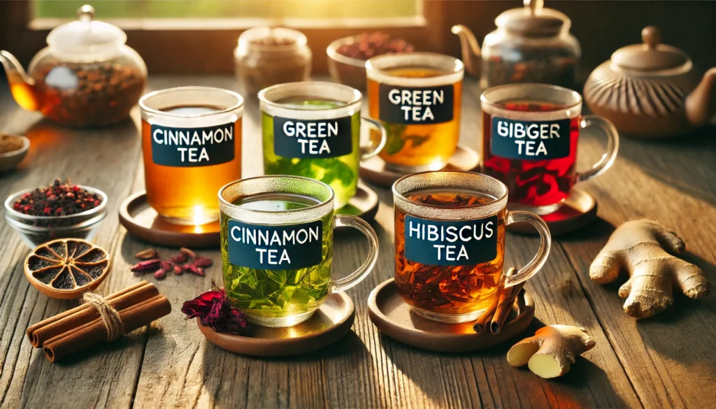 Herbal teas to lower blood sugar: cinnamon, green, hibiscus, and ginger tea in labeled cups.