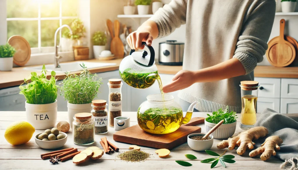 Preparing herbal teas to lower blood sugar with fresh cinnamon, ginger, olive leaves, and chamomile.