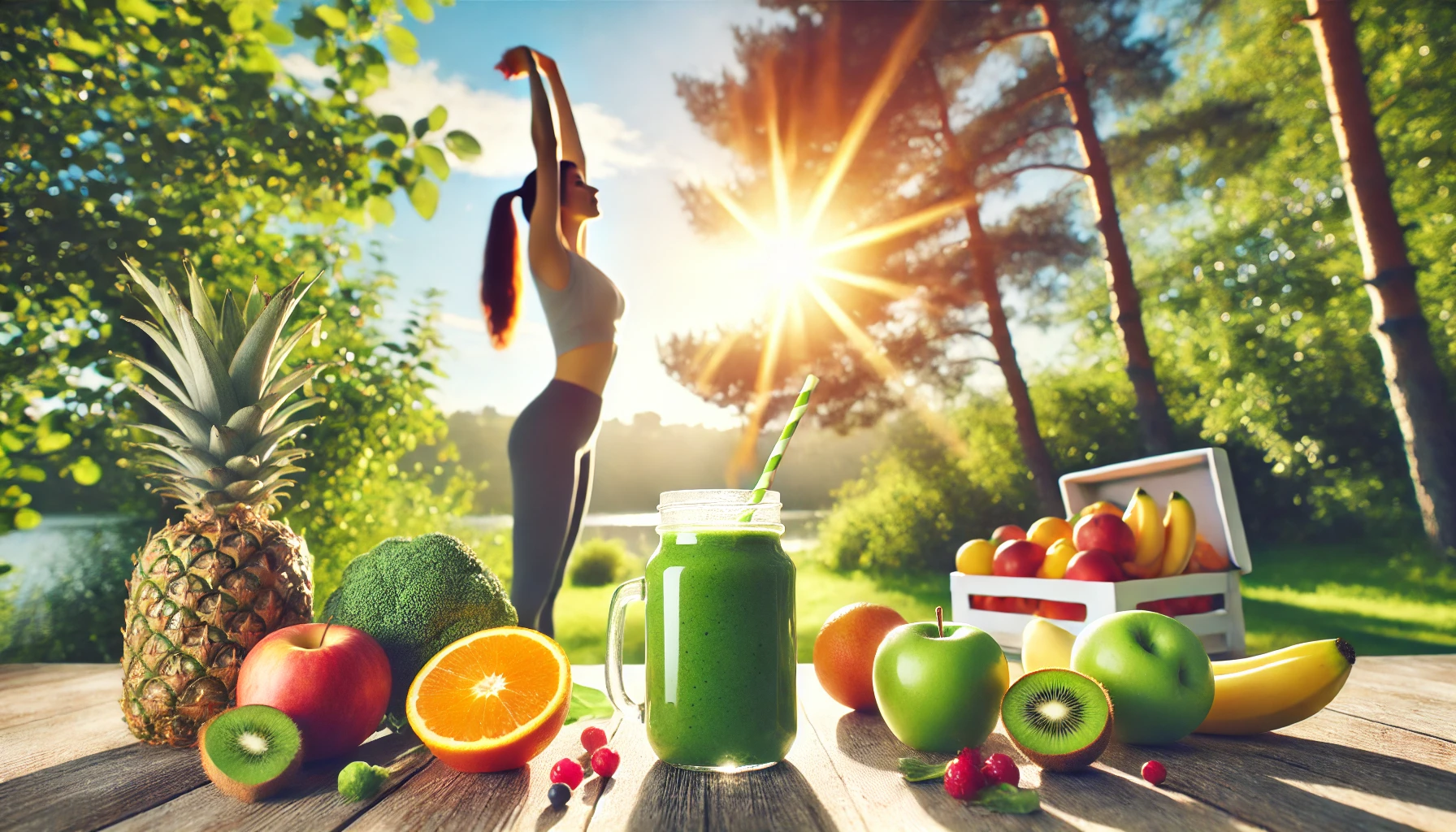 Woman stretching outdoors in morning sun with smoothie and fruits, symbolizing how to boost immunity naturally.