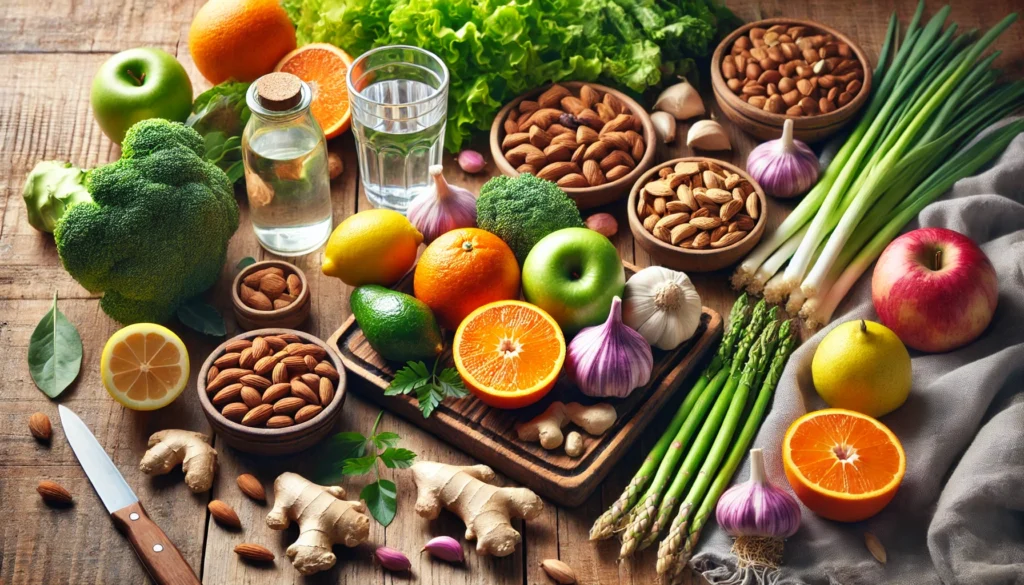  Immune-boosting foods on a table, including citrus, garlic, ginger, and nuts.