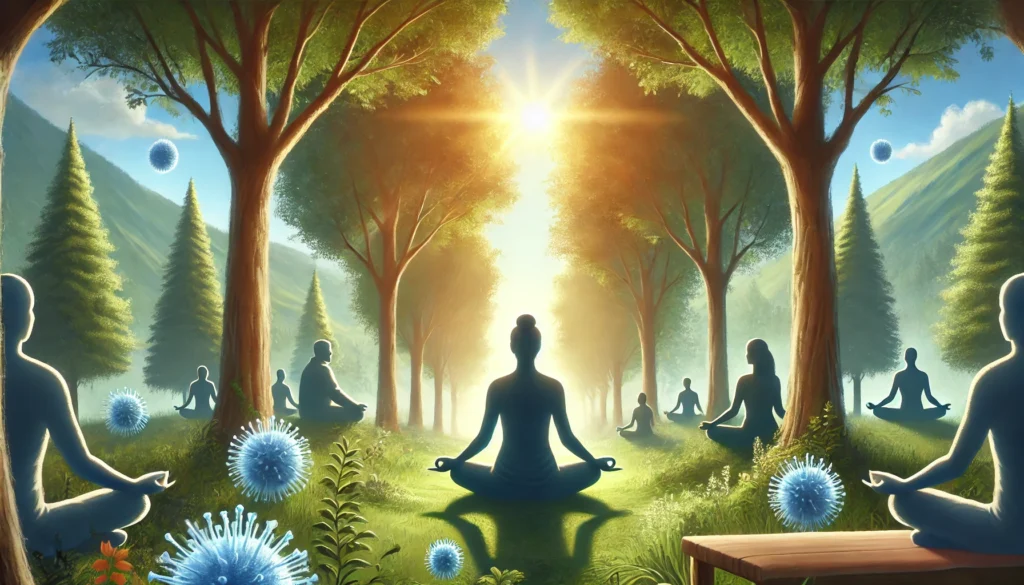 Person meditating in nature, sunlight filtering through trees, symbolizing stress reduction for immunity.
