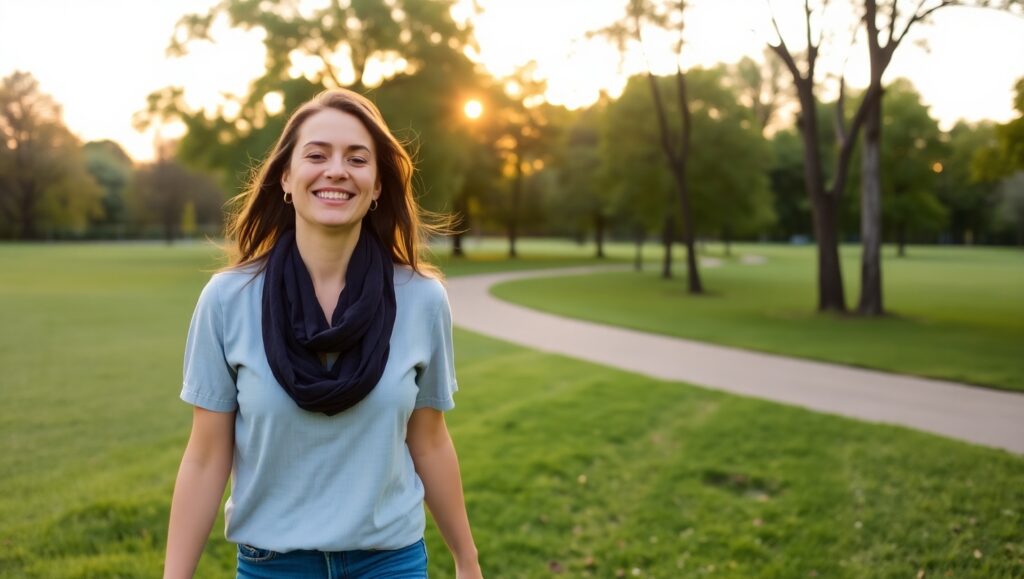 Woman walking in a park at sunset – benefits of walking