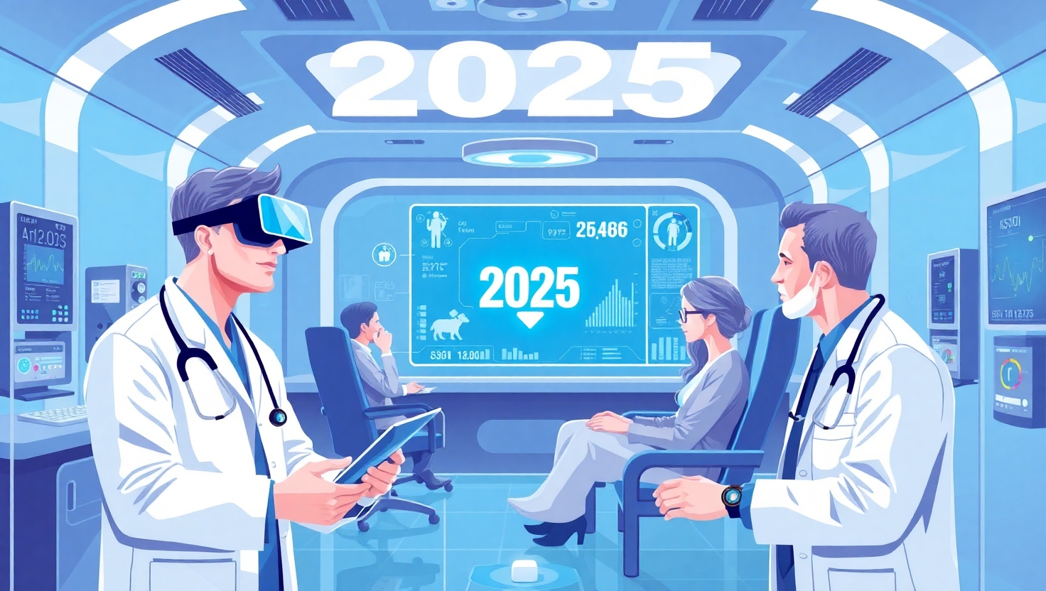 Futuristic hospital in 2025 with digital innovations and wearable health tech.