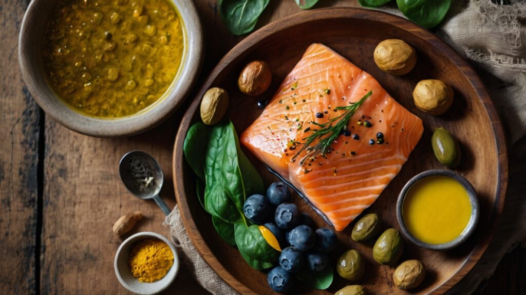 Anti-inflammatory foods on a table to show how to reduce inflammation naturally