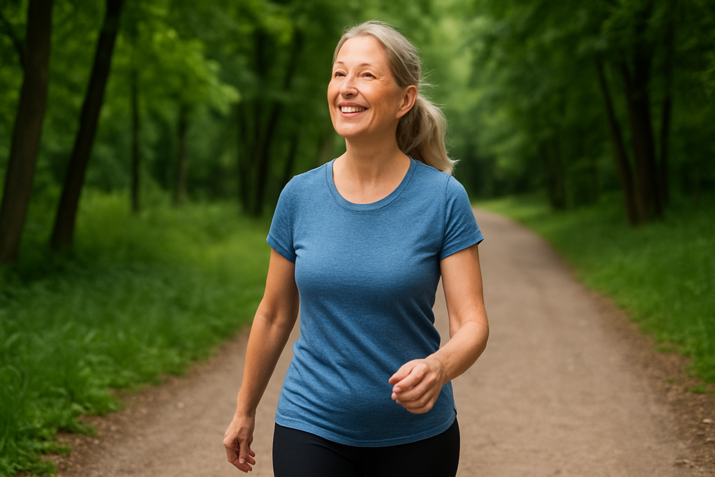 Woman walking in a park to reverse type 2 diabetes naturally