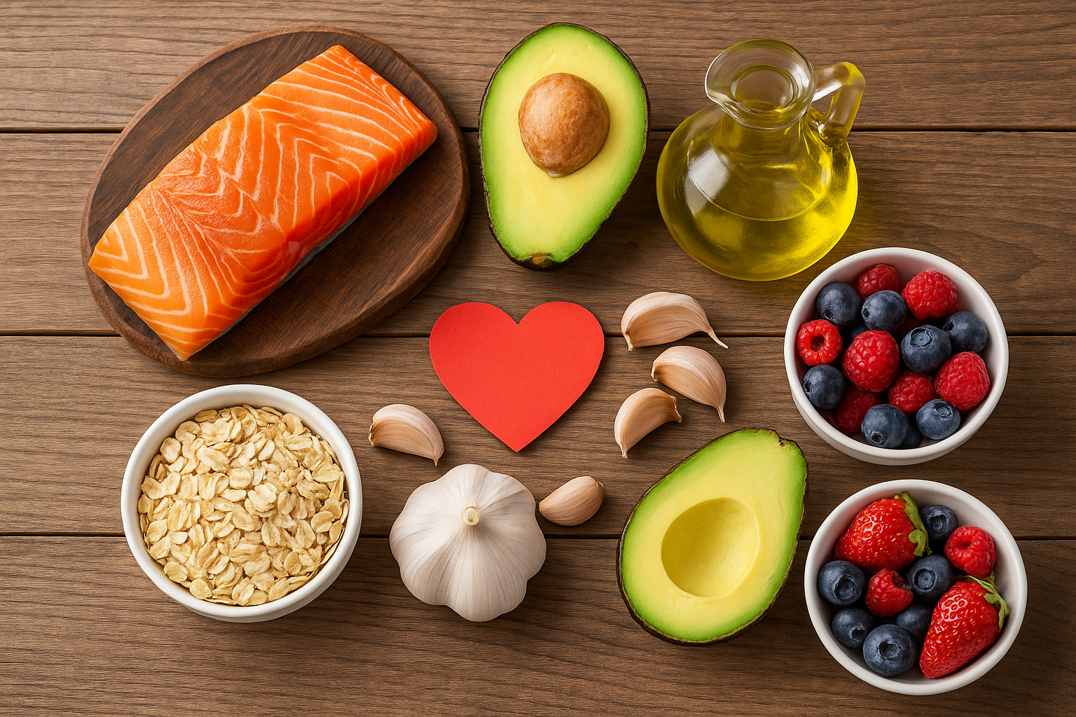 Heart-healthy foods like salmon, avocado, olive oil, berries, and oats arranged on a wooden table — ideal foods that unclog arteries.