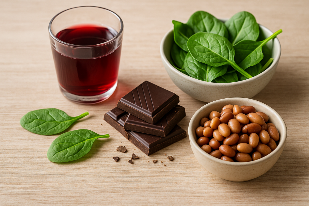 Pomegranate juice, dark chocolate, spinach, and beans — additional foods that unclog arteries and support cardiovascular health.