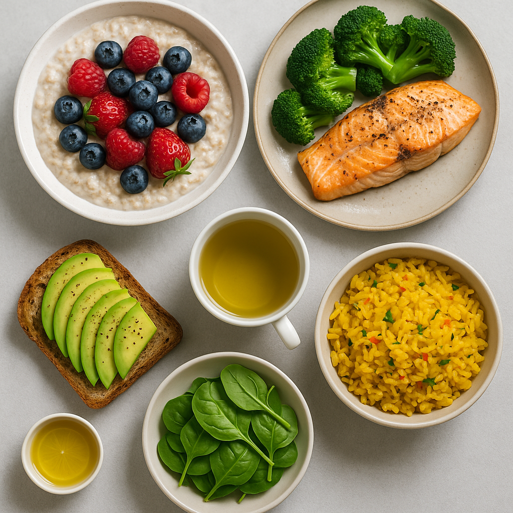 Weekly heart-healthy meal plan featuring oatmeal with berries, salmon with broccoli, avocado toast, turmeric rice, and green tea.