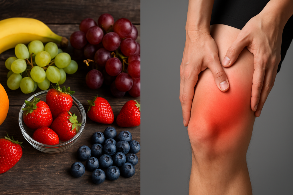 Inflammatory fruits and a swollen leg shown side-by-side