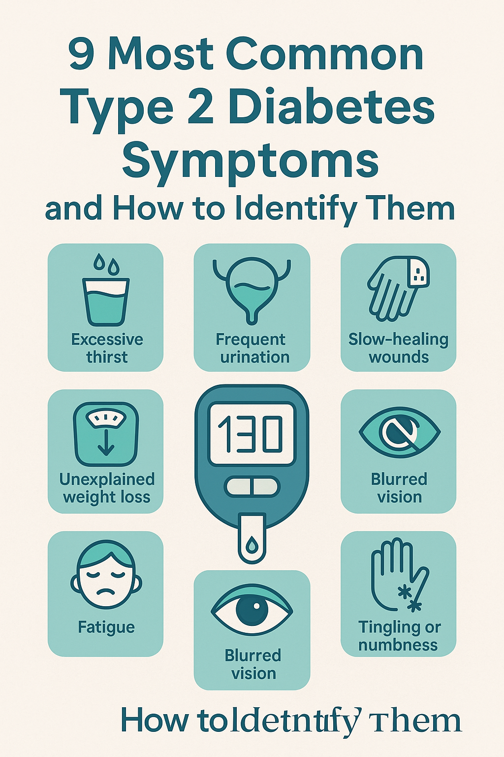 Infographic showing the 9 most common type 2 diabetes symptoms with icons and central glucometer.