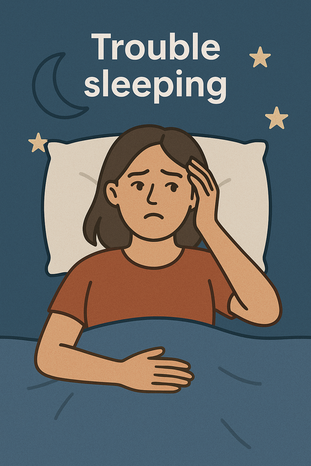 Worried woman lying in bed unable to sleep, showing how sleep issues may be related to type 2 diabetes symptoms.