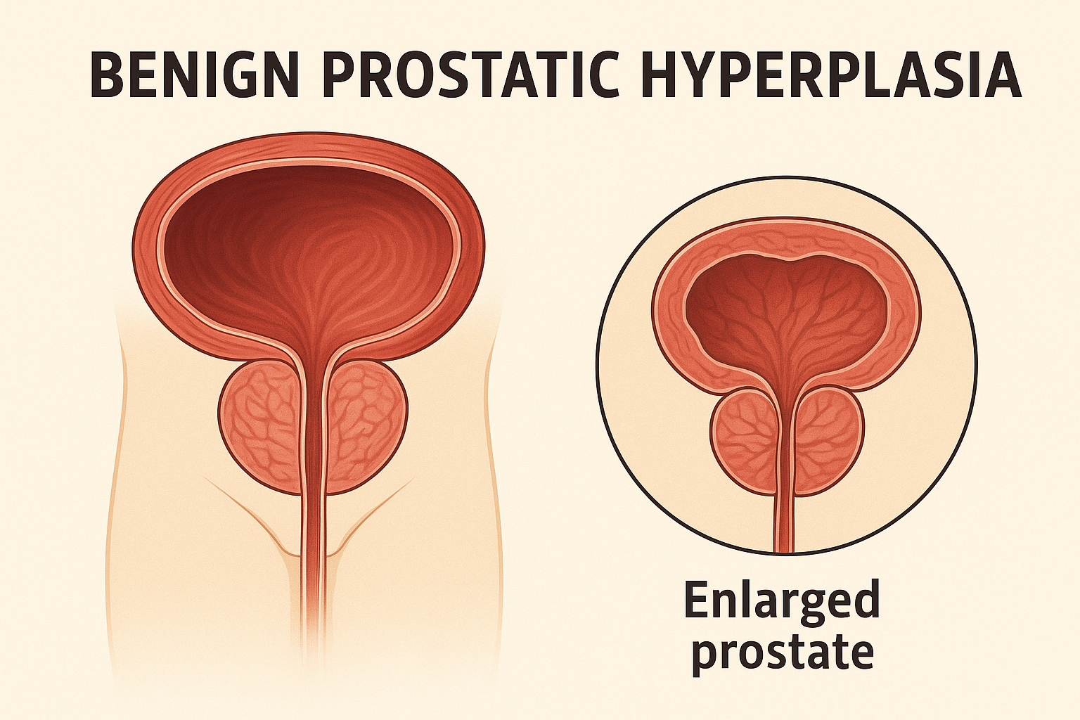 Cross-sectional view of the male urinary tract showing benign prostatic hyperplasia compressing the urethra.
