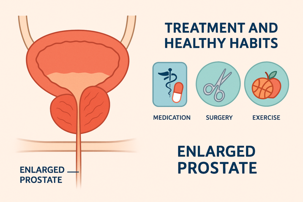 Icons representing treatment options like medication, surgery, and exercise for benign prostatic hyperplasia.