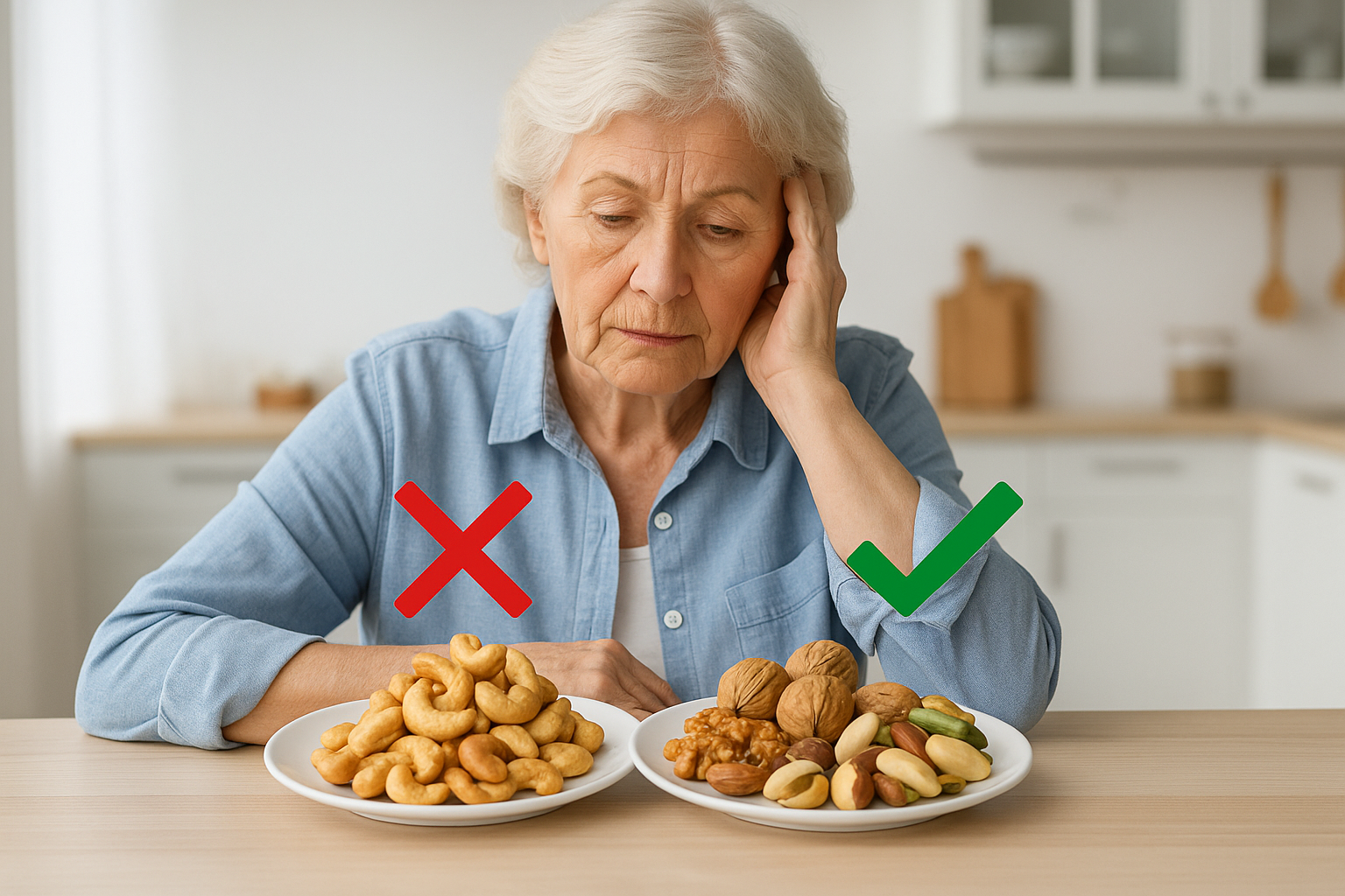 Elderly woman considering which nuts to eat, with unhealthy and healthy nuts clearly marked