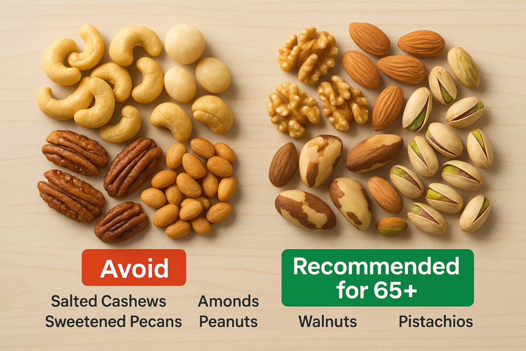 Comparison of nuts to avoid versus recommended nuts for people over 65