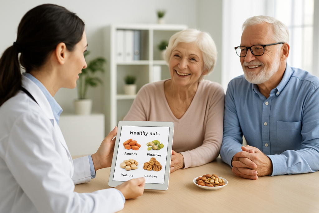 Nutritionist showing healthy nuts on tablet to smiling elderly couple