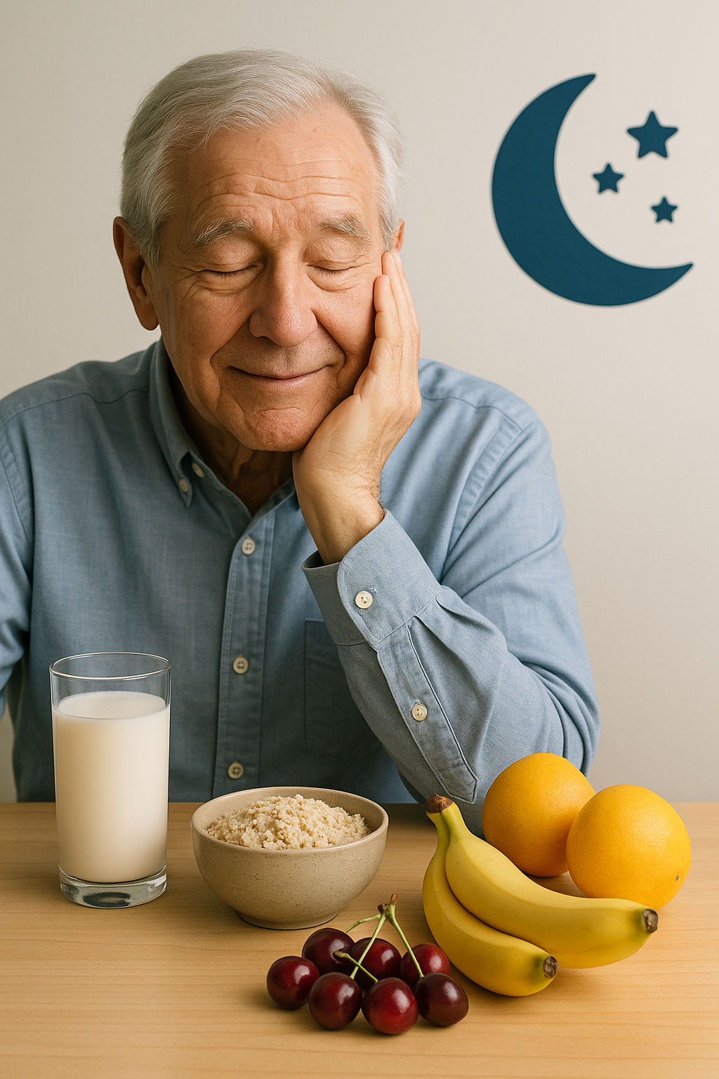 Elderly man smiling peacefully at a table with natural sleep-inducing foods like bananas, oats, cherries, and milk.