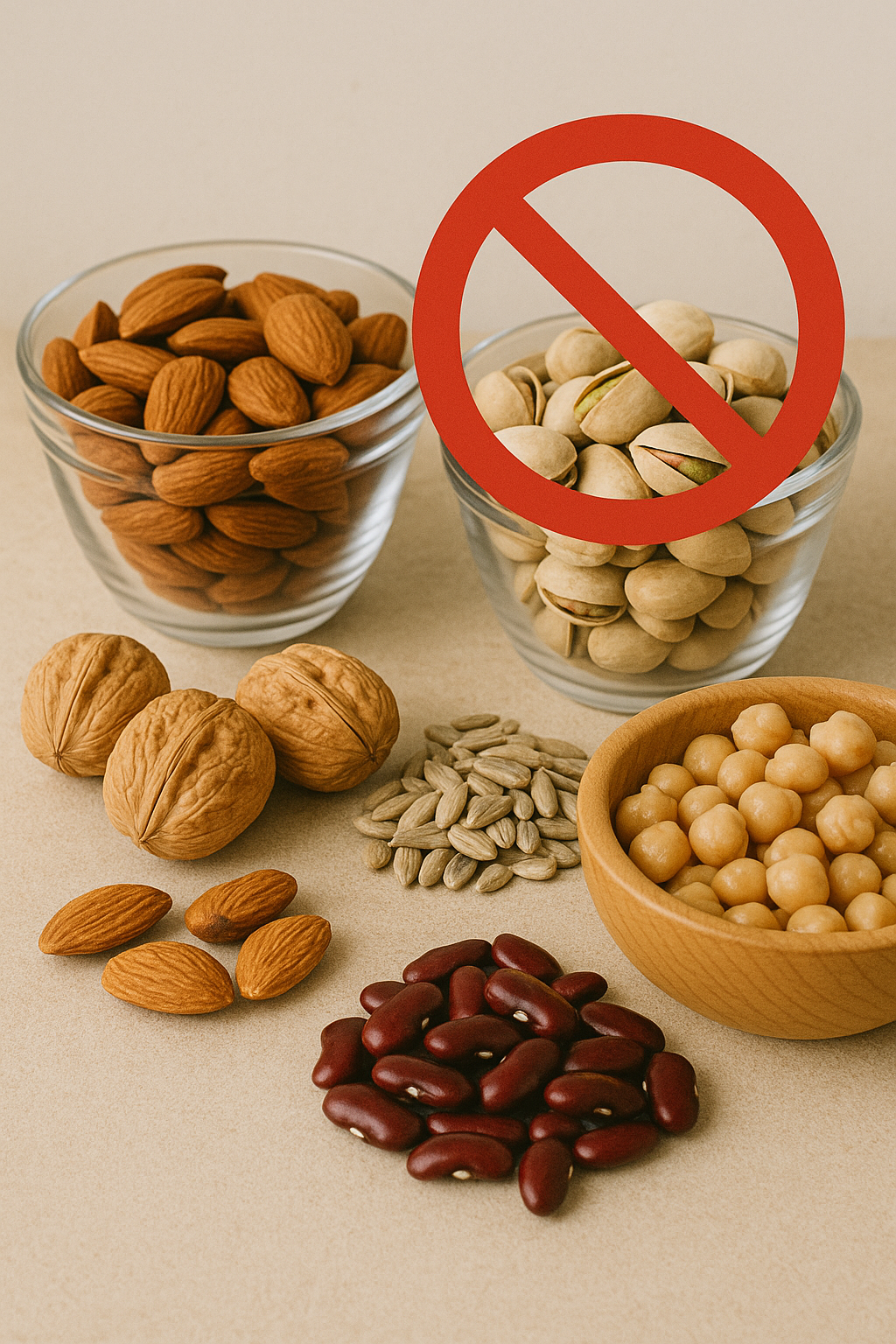 A variety of nuts and legumes with a red prohibition symbol, warning about types to avoid for people over 65.