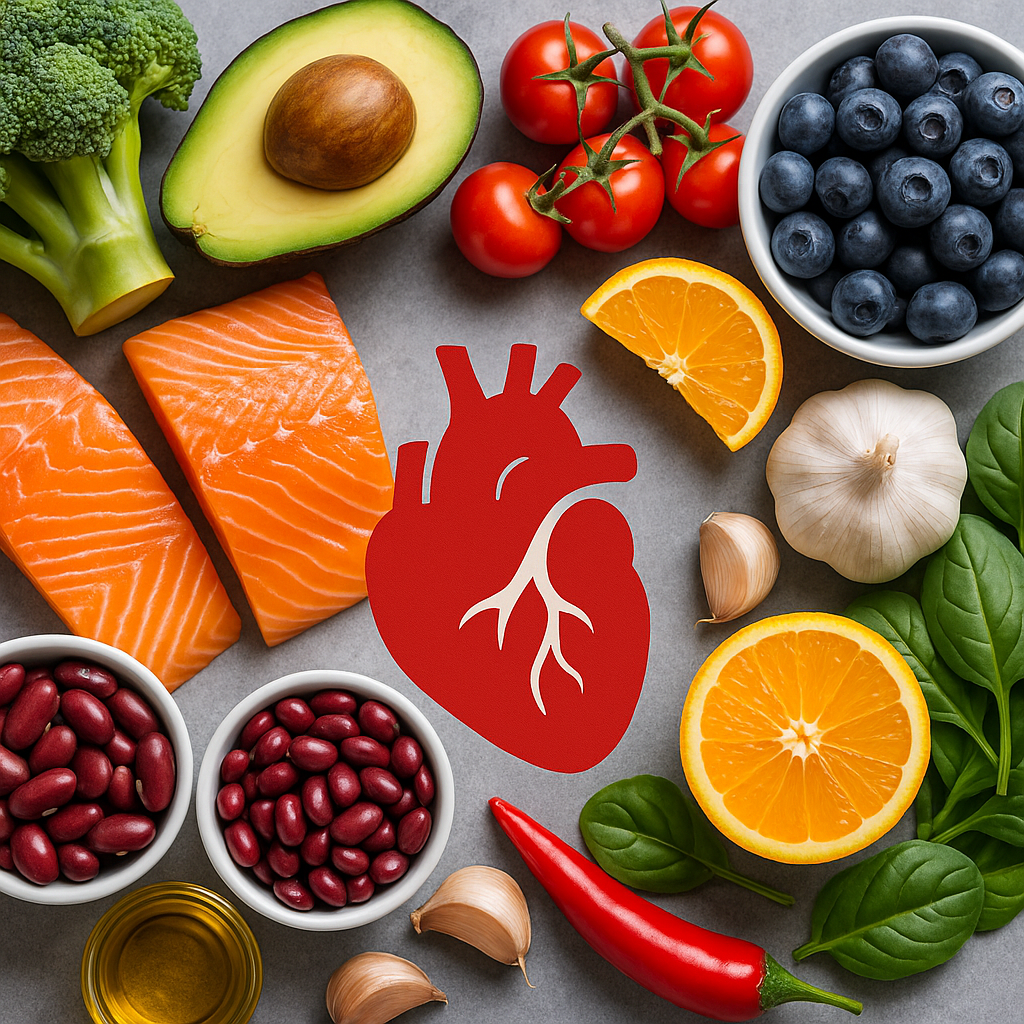 A flat-lay of heart-healthy foods like salmon, avocado, berries, and garlic, surrounding a heart and artery graphic.