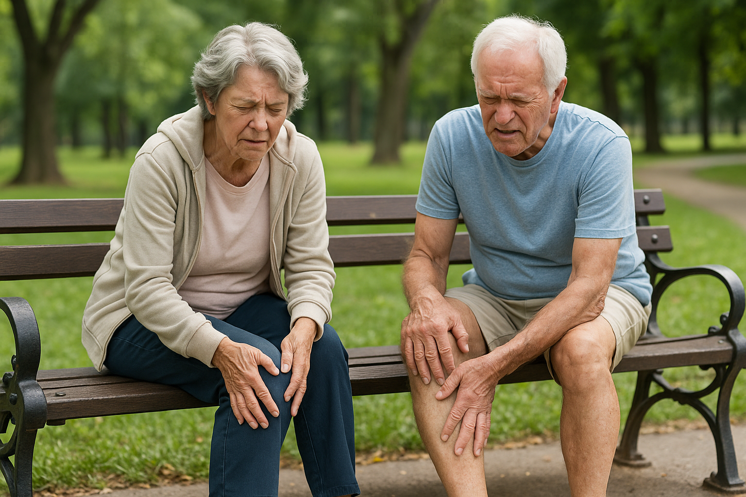 Senior couple suffering leg discomfort from vitamins that weaken your legs after 60