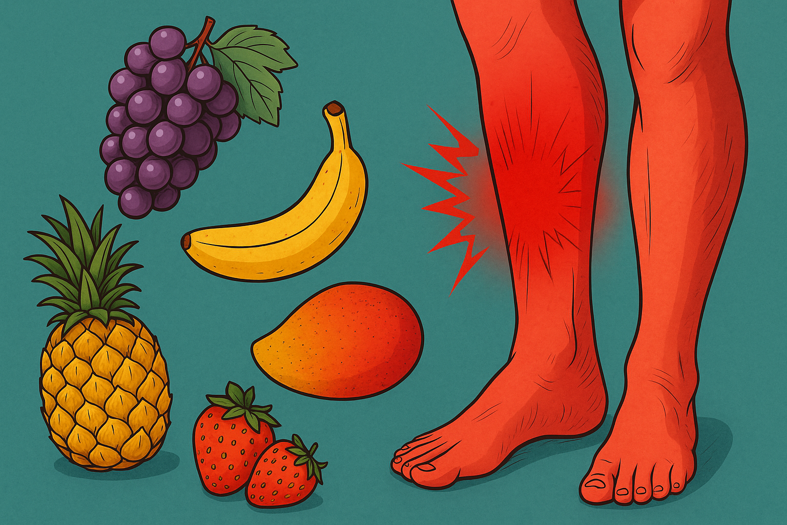 Inflamed red leg surrounded by inflammatory fruits like grapes, banana, mango, and pineapple