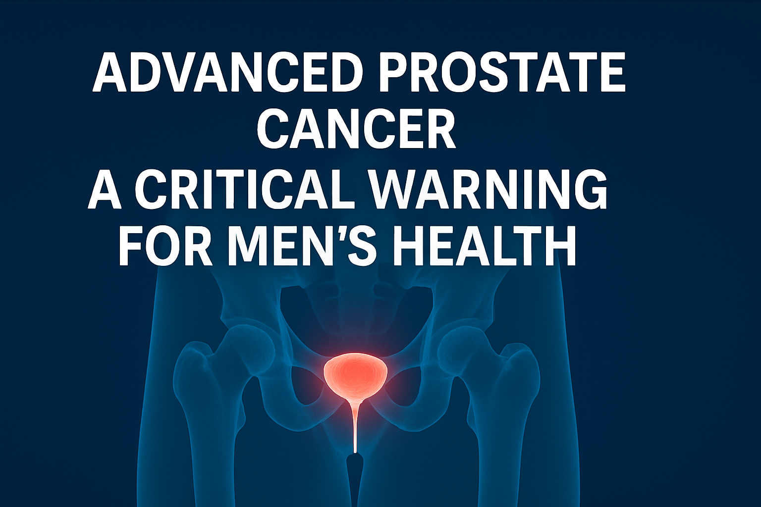 X-ray-style image of a male pelvis highlighting the prostate gland, with the title “Advanced Prostate Cancer: A Critical Warning for Men's Health.