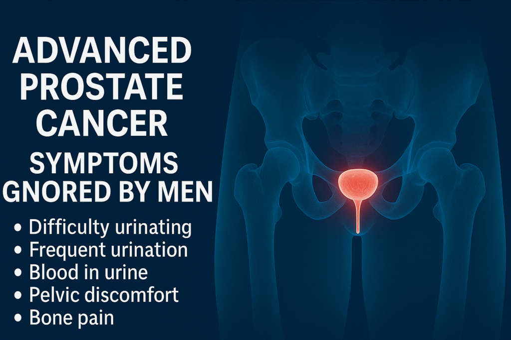 Diagram of male pelvis with highlighted prostate gland and a list of symptoms associated with advanced prostate cancer