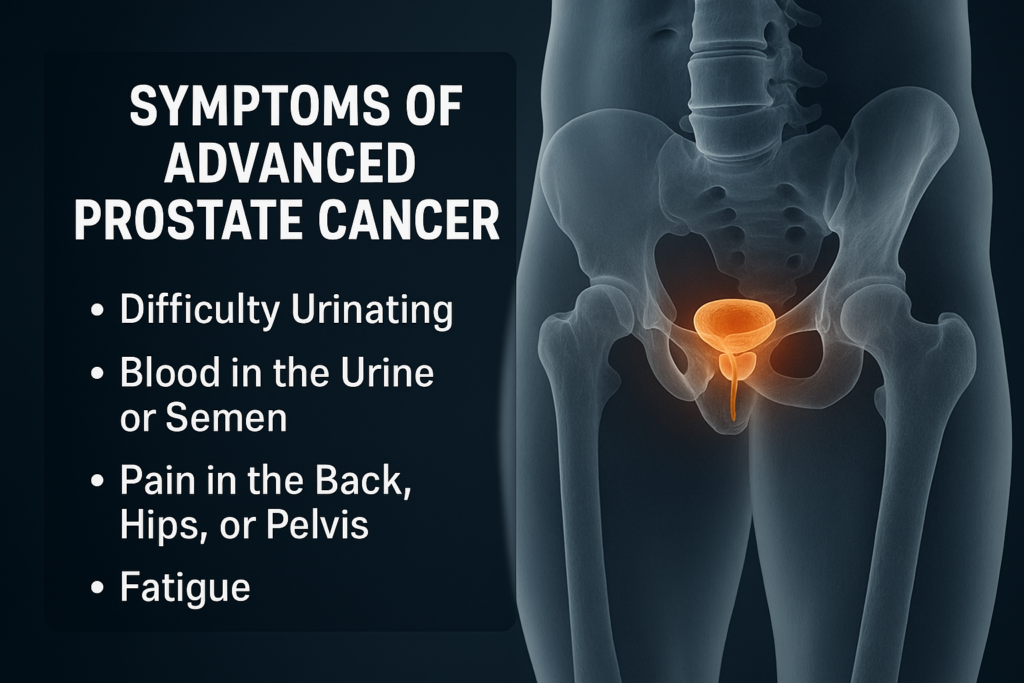 Transparent anatomical image showing inflamed prostate gland with text listing symptoms of advanced prostate cancer.