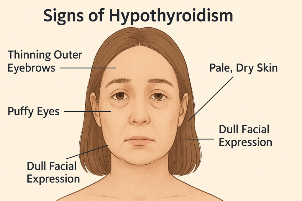 Woman’s face showing hypothyroidism signs: puffy eyes, pale skin, dull expression