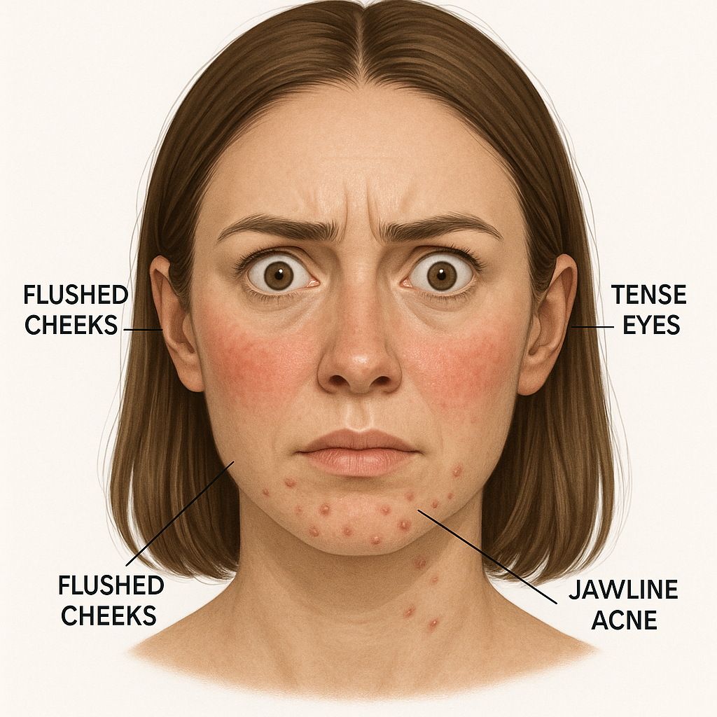 Facial signs of hyperthyroidism including flushed cheeks and jawline acne