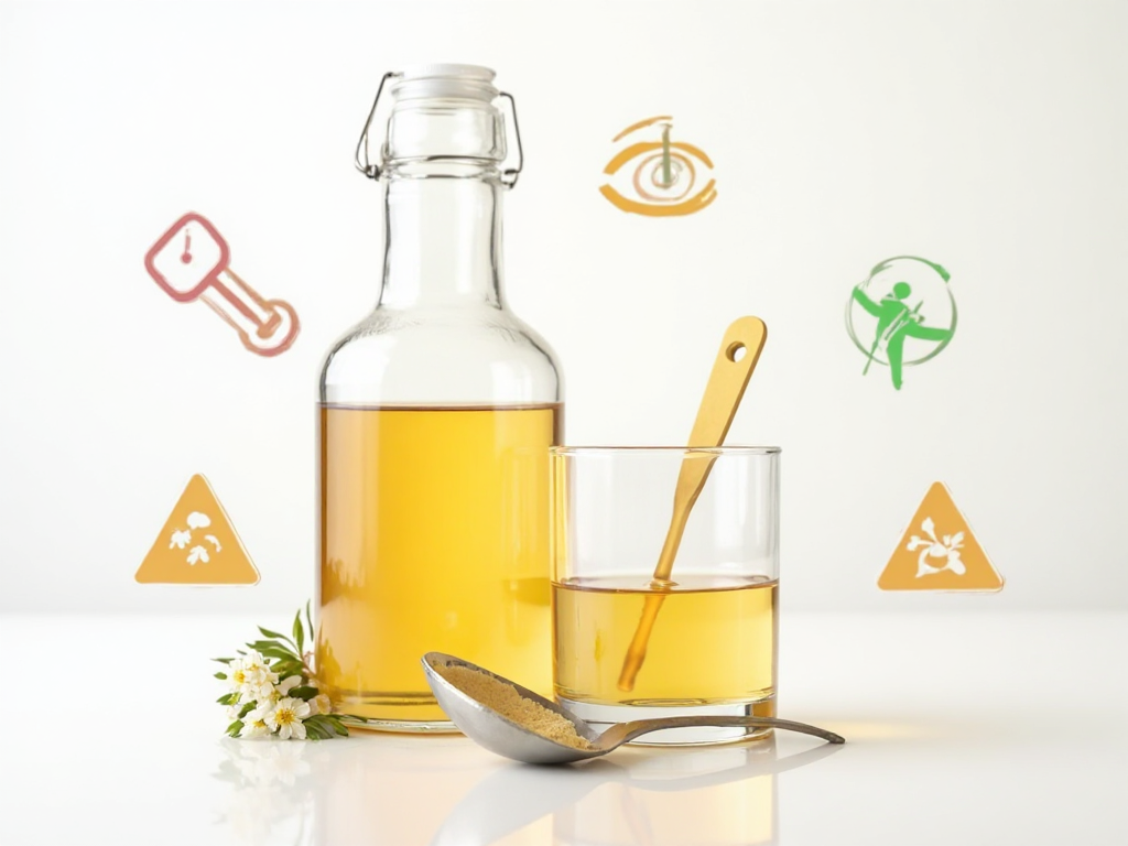 Apple cider vinegar dosage guide showing proper dilution with measuring spoon and warning symbols for safe consumption
